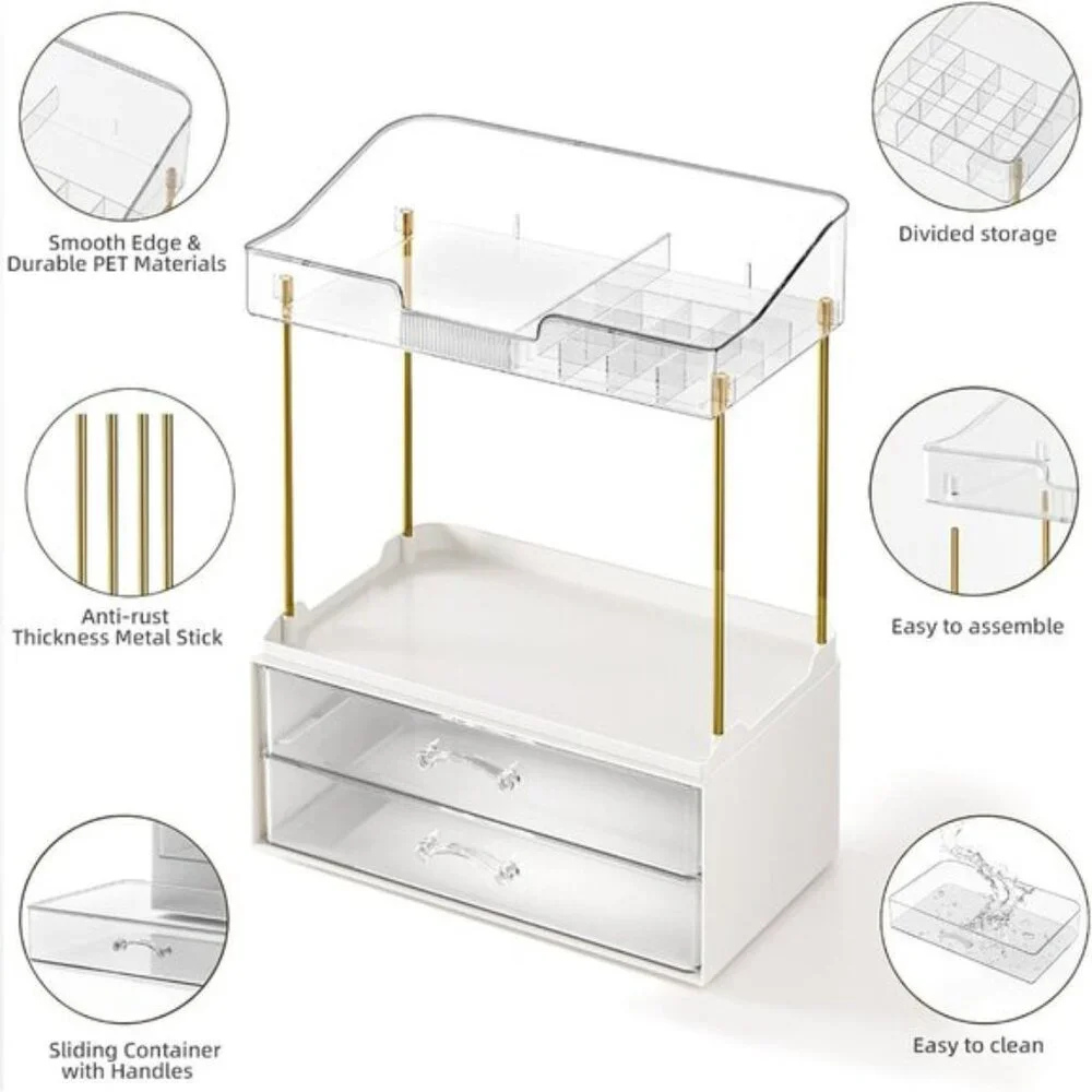 New 4-Tier Clear Bathroom Organizer, 2-Drawer Makeup & Skincare Vanity Storage